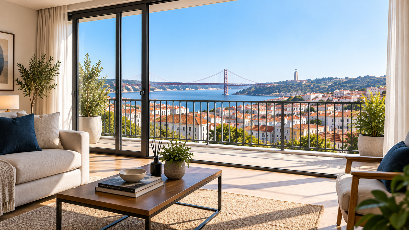 Interior moderno com vista sobre Lisboa